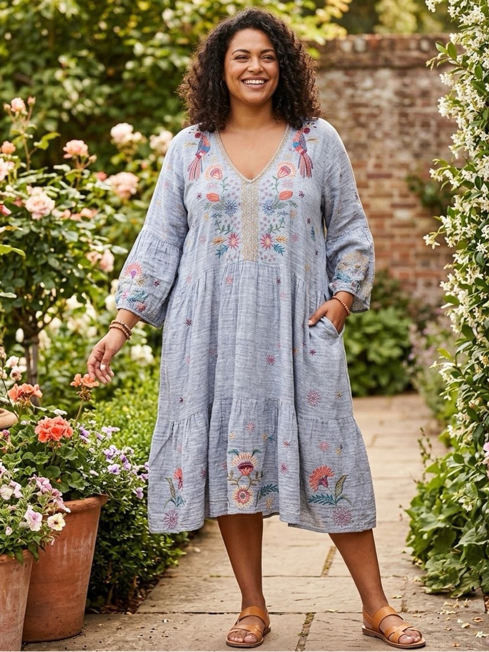 Johnny Was Workshop 3X Slate Blue Gauze Embroidered V Neck Dress Owl Bird